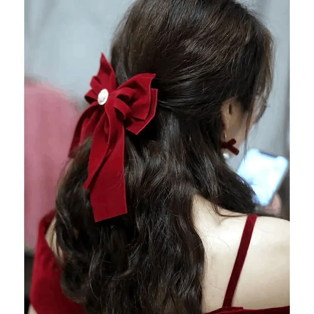 🎀 Red Velvet Pearl Accent Big Bow Hair Accessories Barrette Clip NEW